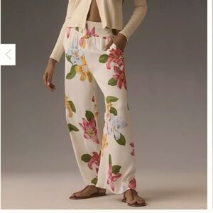 Maeve Anthropologie Saria Smocked Wide-Leg Pants L Petite, White Floral